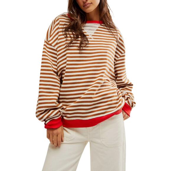 Free People Classic Striped Oversized Crewneck Coffee Combo Red & Brown XS - Picture 1 of 2